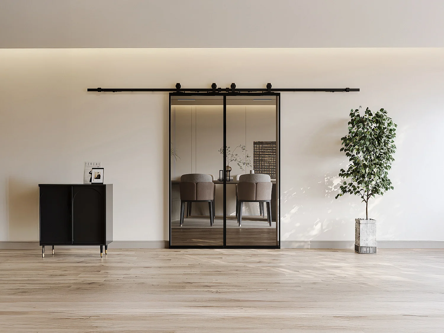 Dubbele schuifdeur met ophangsysteem - Aluminium en gerookt gehard glas - 2 x H205 x B83 cm - LINCI II