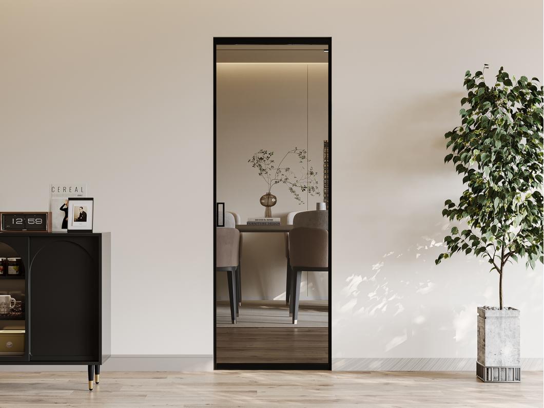 Drzwi przesuwne z ukrytym systemem przesuwnym – aluminium i szkło hartowane przydymione – wys. 205 x dł. 93 cm – LINCI II