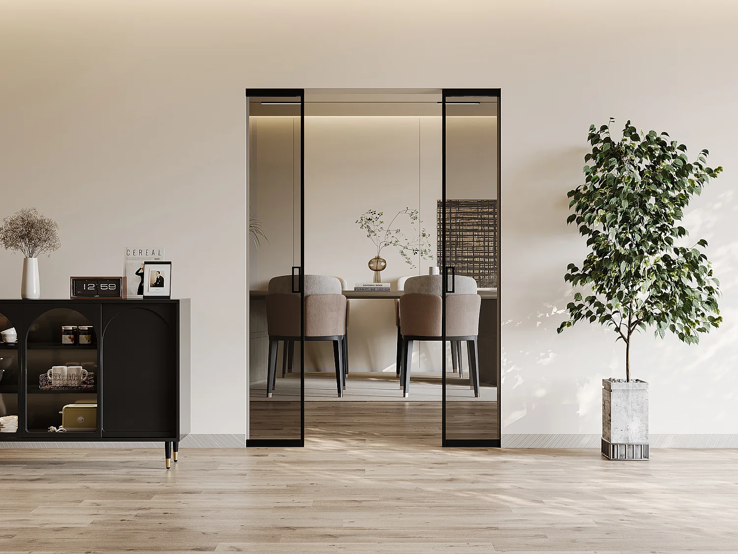 Puerta corredera doble empotrada - aluminio y vidrio templado ahumado - 2 x Alt. 205 x L93 cm - LINCI II