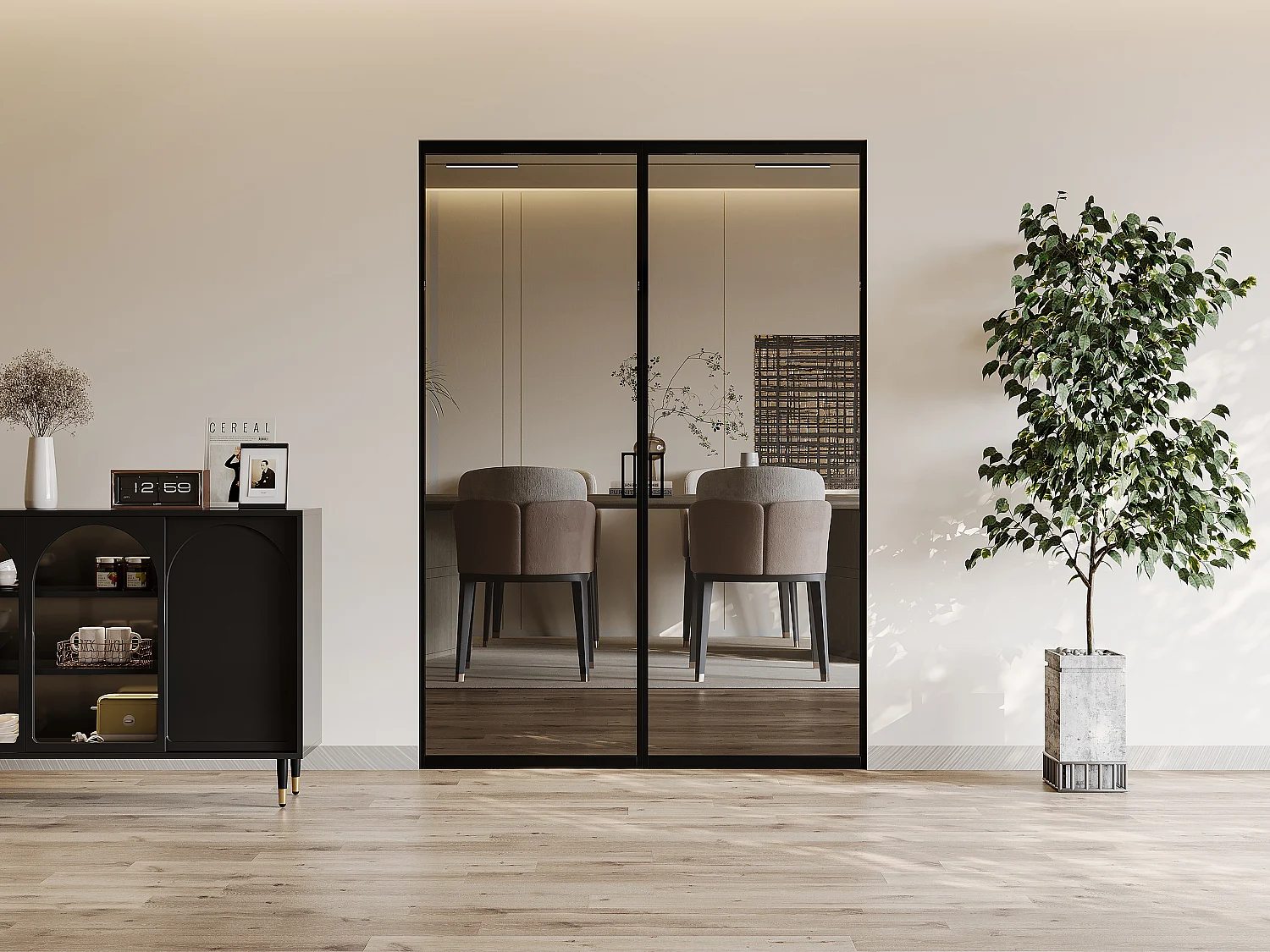 Dubbele schuifdeur met schuifsysteem - Aluminium en gerookt gehard glas - 2 x H205 x B93 cm - LINCI II