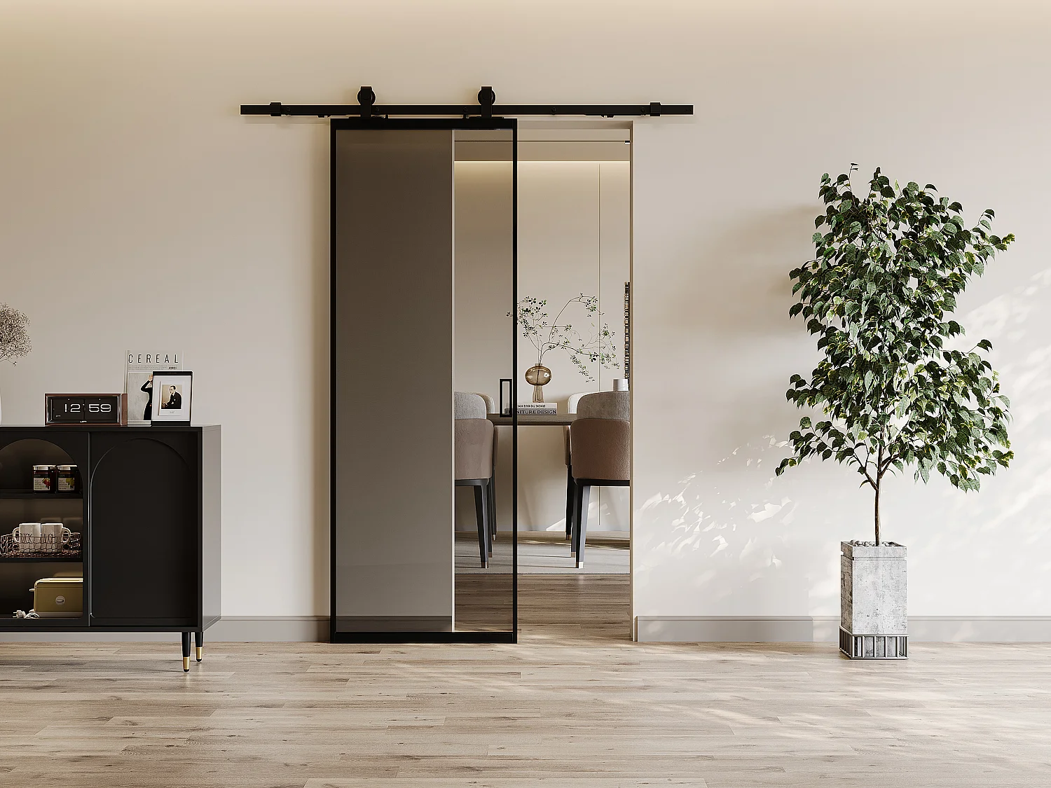 Schuifdeur met ophangsysteem - Aluminium en gerookt gehard glas - H205 x B93 cm - LINCI II