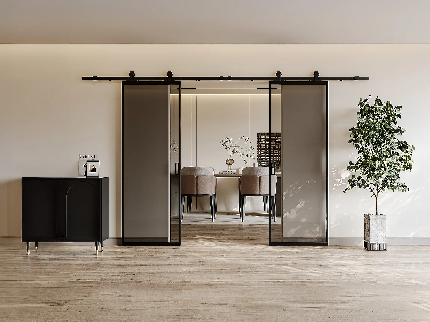 Drzwi przesuwne podwójne z naściennym systemem przesuwnym – aluminium i szkło hartowane przydymione – 2 x wys. 205 x dł. 93 cm – LINCI II