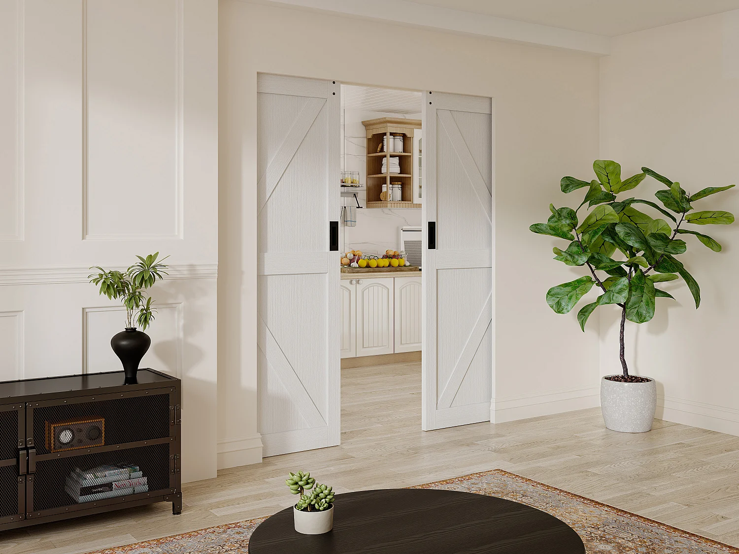 Porte coulissante double avec système à galandage  en bois et MDF - blanc - 2 x H205 x 83 cm - NEFARA
