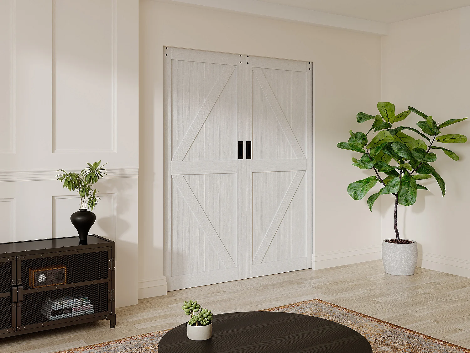 Porte coulissante double avec système à galandage  en bois et MDF - blanc - 2 x H205 x 83 cm - NEFARA