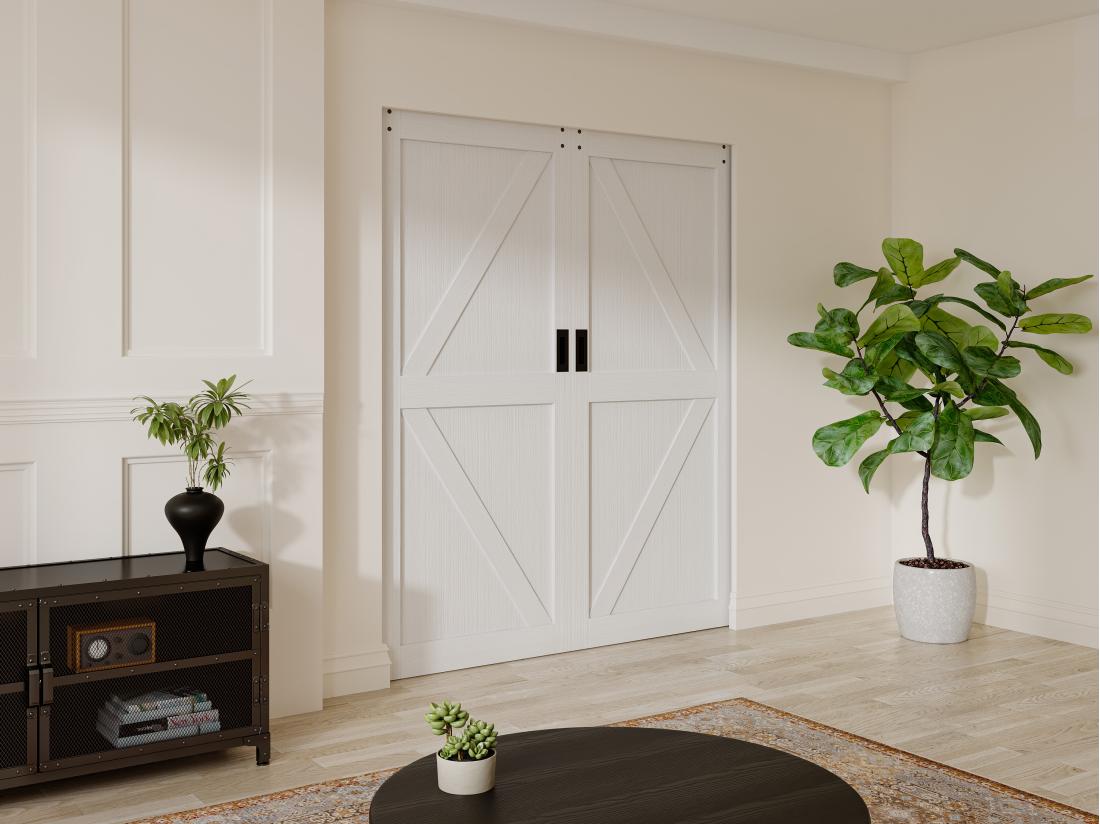 vente unique Porte coulissante double avec système à galandage en bois et MDF - blanc - 2 x H205 x 83 cm - NEFARA