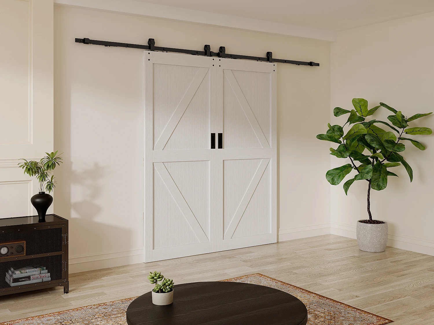 Porte coulissante double avec système en applique - Bois et MDF - blanc - 2 x H205 x 83 cm - NEFARA