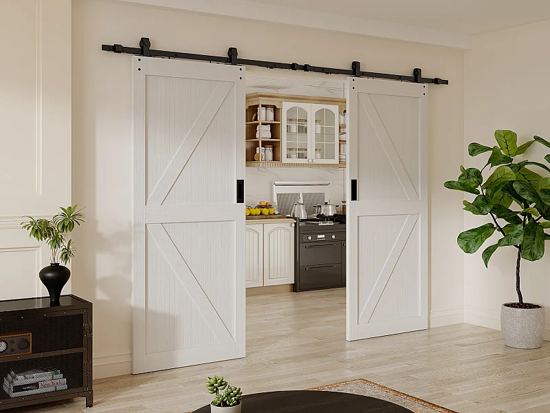 Dubbele schuifdeur met wandbevestiging - Hout en mdf - Wit - 2 x H205 x L93 cm - NEFARA