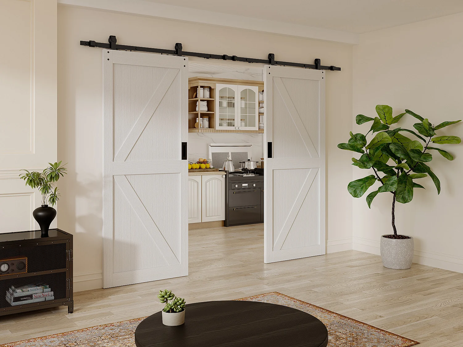 Porte coulissante double avec système en applique - Bois et MDF - blanc - 2 x H205 x 93 cm - NEFARA