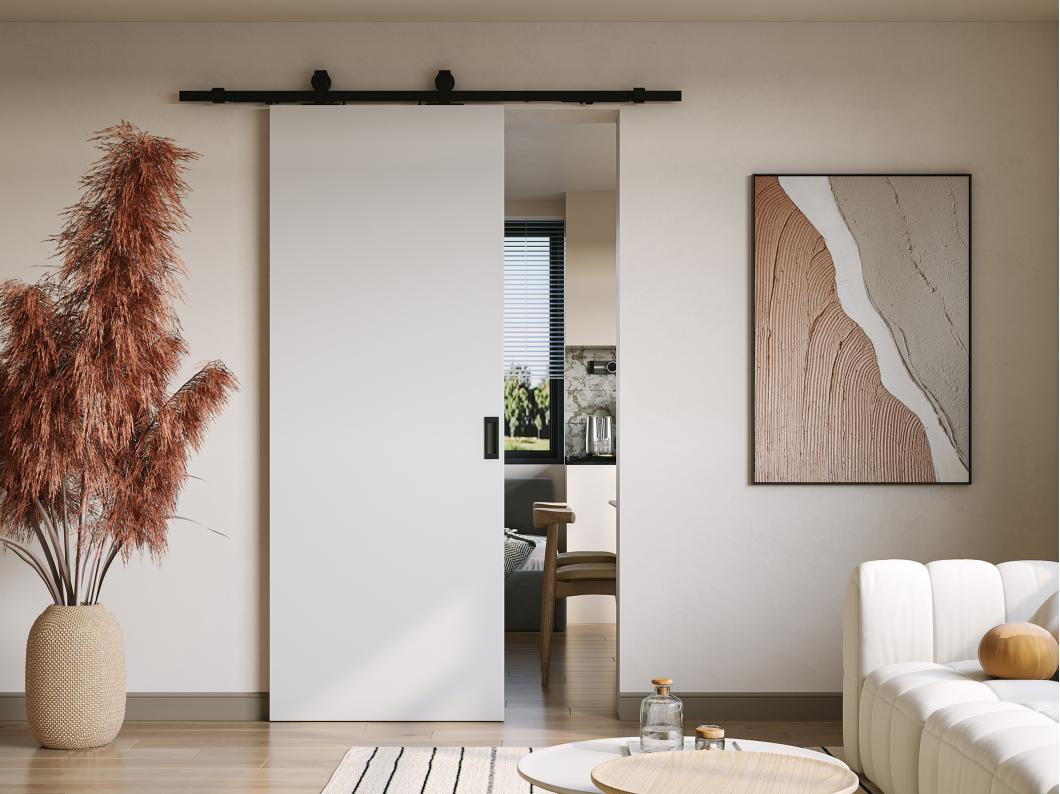 Drzwi przesuwne z naściennym systemem przesuwnym – MDF + PVC Białe – wys. 205 x dł. 63 cm – VARIN II