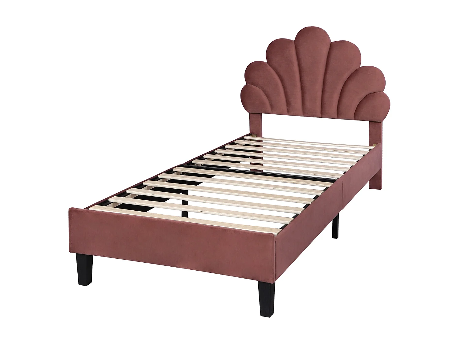 Cama infantil tapizada de 90 x 200 cm, estructura de cama con cabecero de flores y somier de láminas, tejido de terciopelo, color beige.