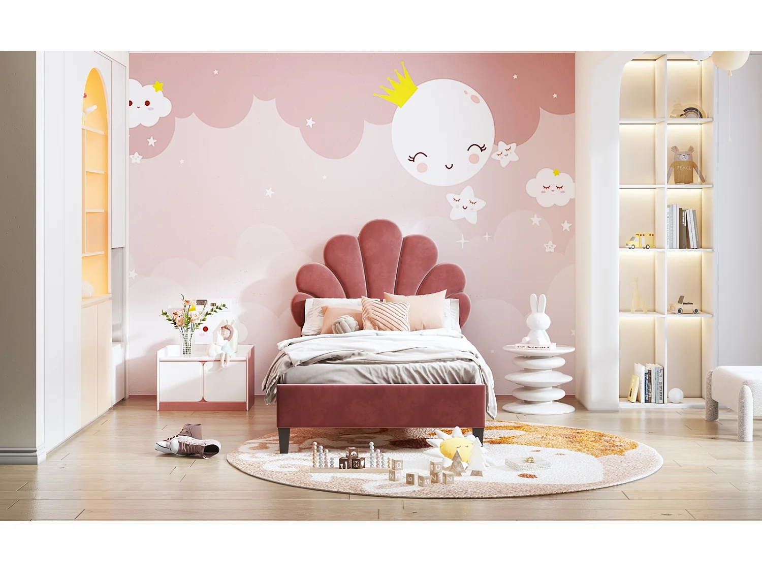 Gestoffeerd kinderbed 90 x 200 cm, bedframe met bloemenhoofdbord en lattenbodem, fluwelen stof, beige