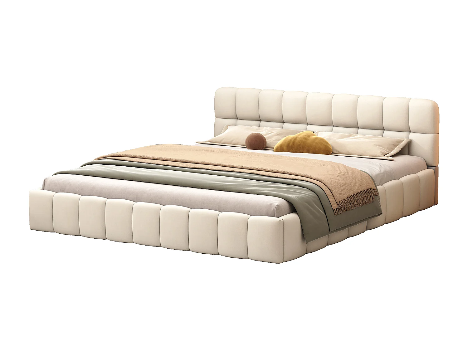 Gepolstertes Bett 140 x 200 cm, mit weicher Rückenlehne, flache Liegefläche mit gepolstertem Rand, Lattenrost aus Leinen, beige