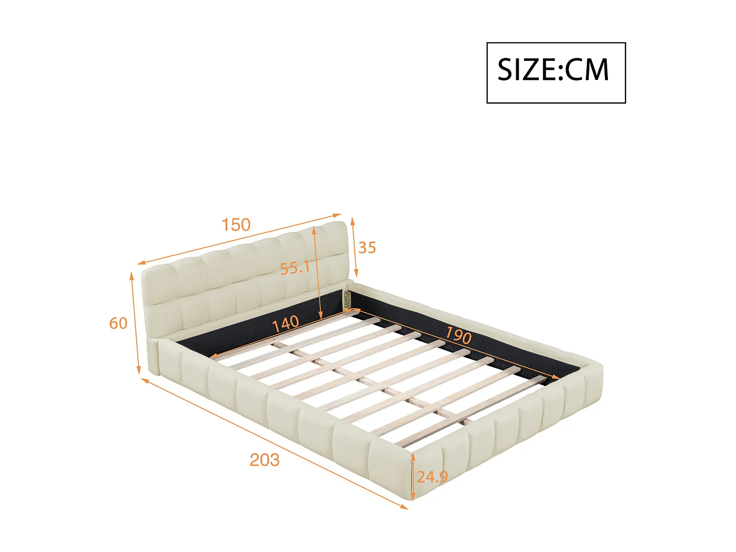 Gepolstertes Bett 140 x 200 cm, mit weicher Rückenlehne, flache Liegefläche mit gepolstertem Rand, Lattenrost aus Leinen, beige