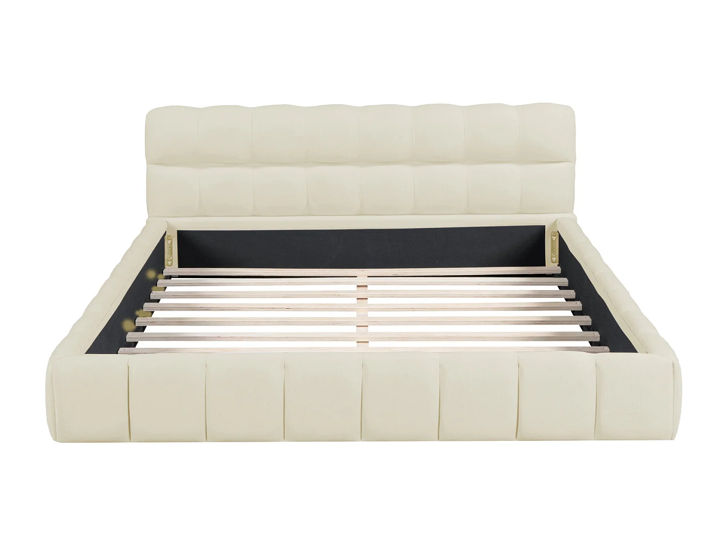 Gepolstertes Bett 140 x 200 cm, mit weicher Rückenlehne, flache Liegefläche mit gepolstertem Rand, Lattenrost aus Leinen, beige