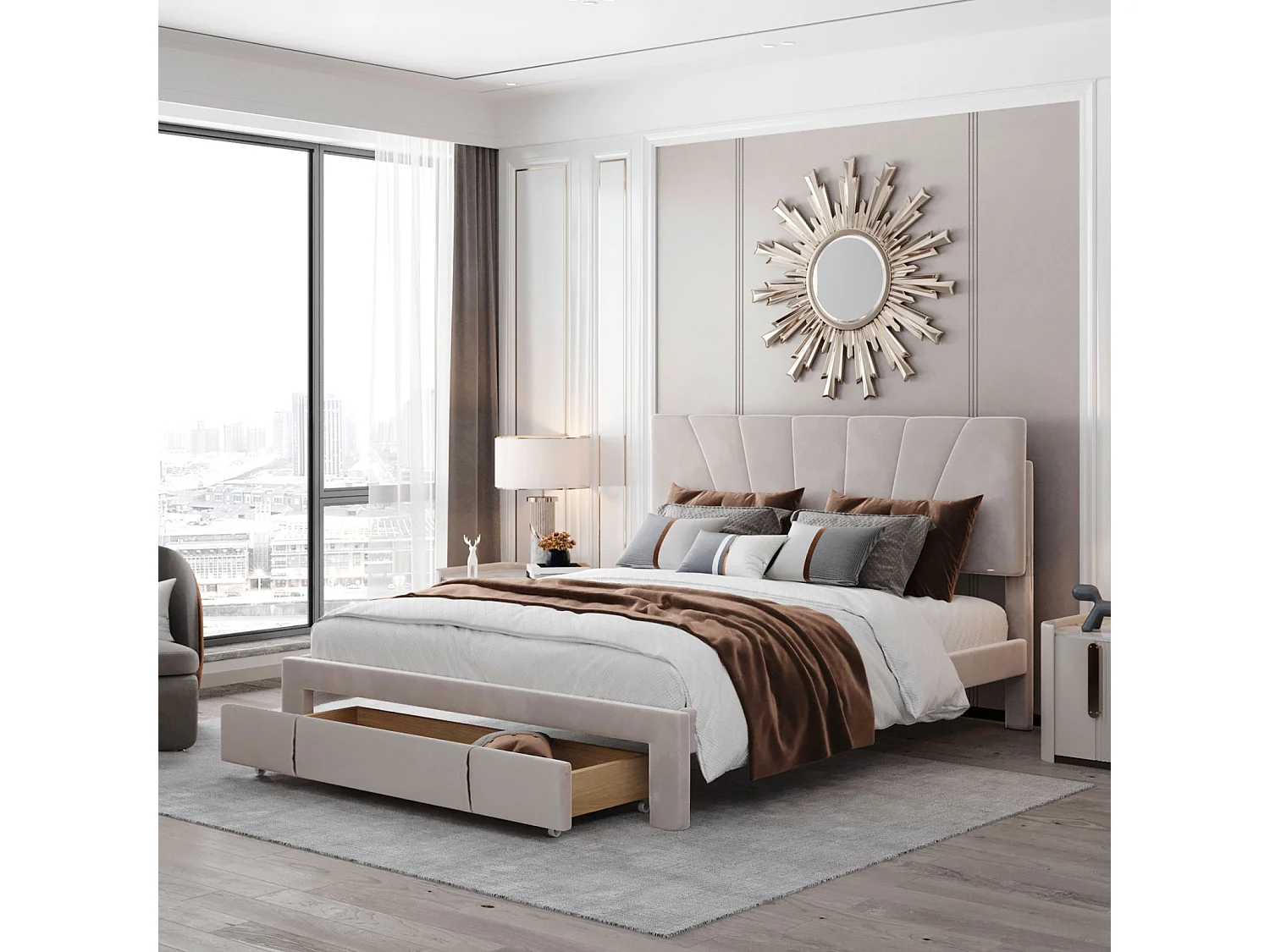 Letto imbottito 140*200 cm, testiera e cassettone, rete a doghe, tessuto in flanella morbido e delicato sulla pelle, beige