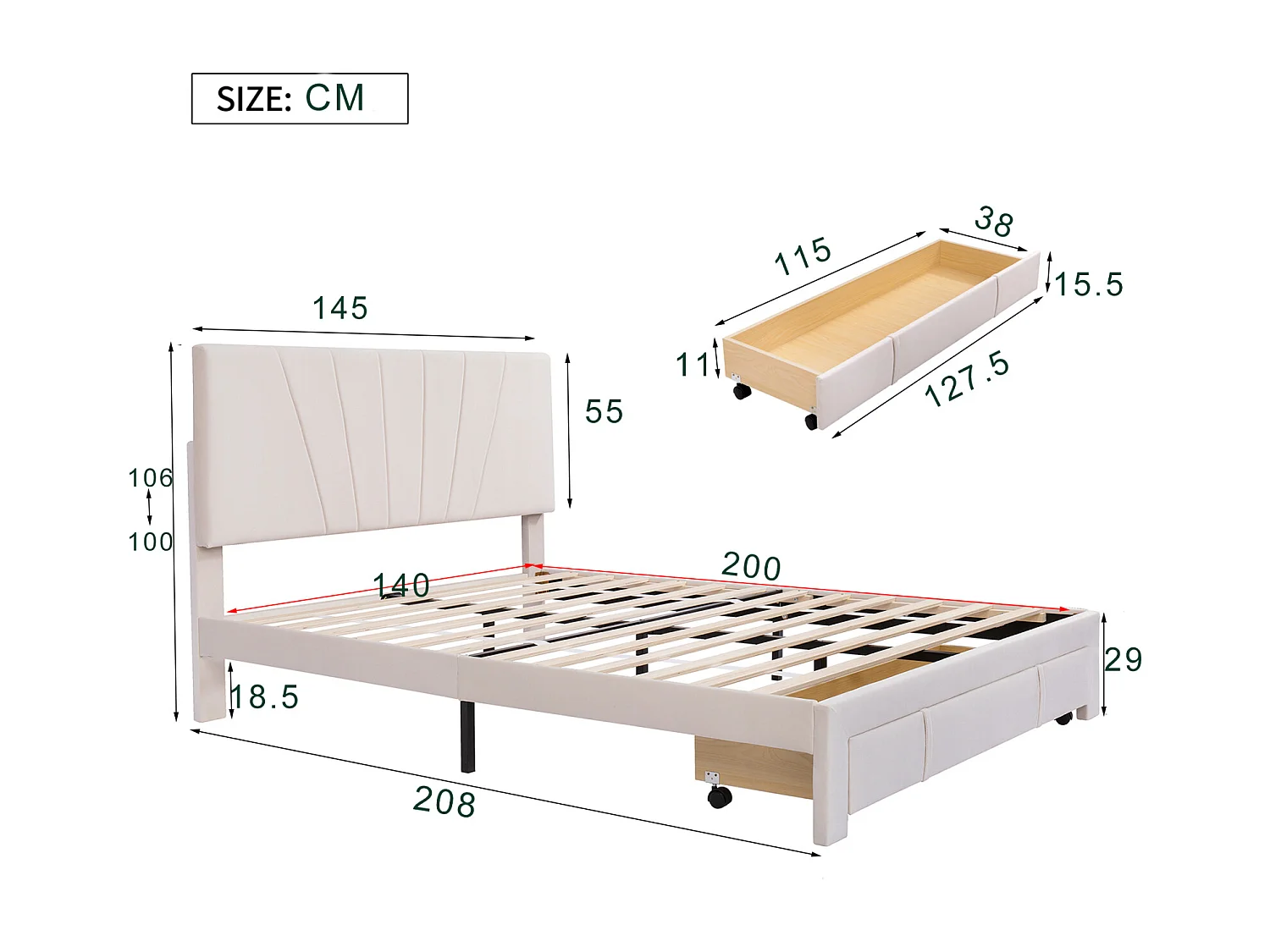Letto imbottito 140*200 cm, testiera e cassettone, rete a doghe, tessuto in flanella morbido e delicato sulla pelle, beige