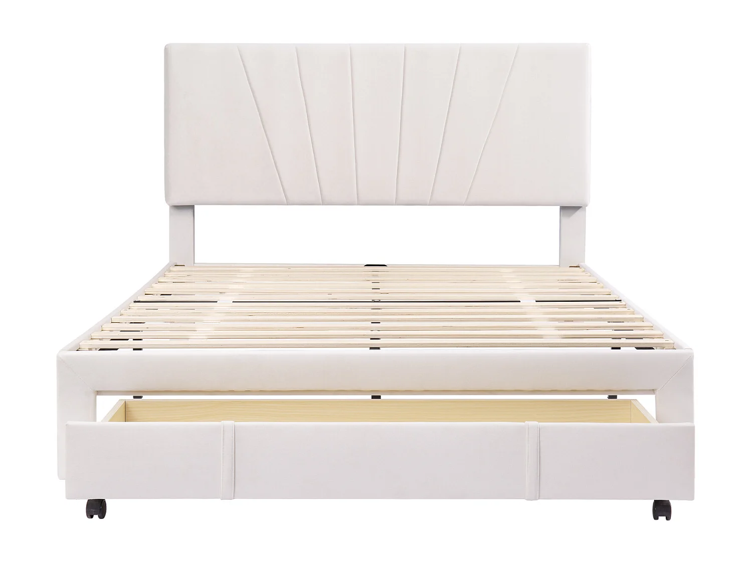 Letto imbottito 140*200 cm, testiera e cassettone, rete a doghe, tessuto in flanella morbido e delicato sulla pelle, beige
