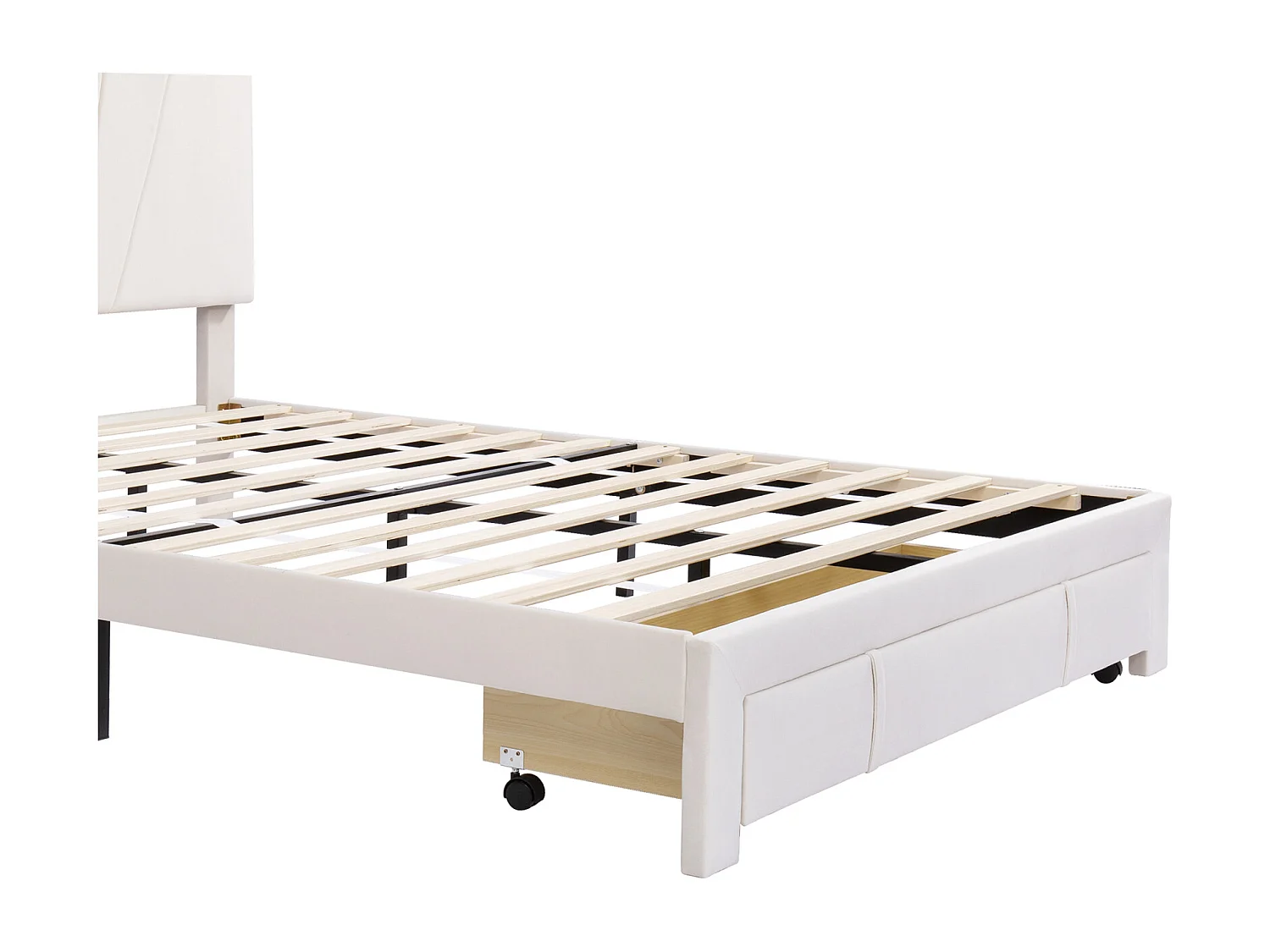 Letto imbottito 140*200 cm, testiera e cassettone, rete a doghe, tessuto in flanella morbido e delicato sulla pelle, beige