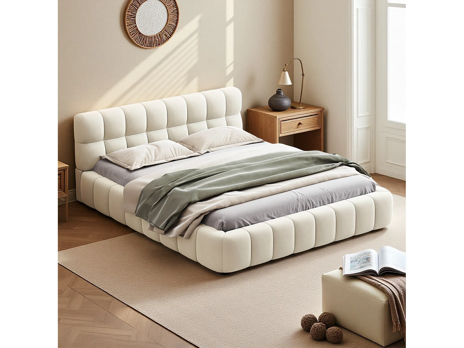 Lit double rembourré, à bulles, 160 x 200 cm, avec sommier à lattes et dossier souple, pour adolescents, cadre de lit, lin, sans matelas, Beige