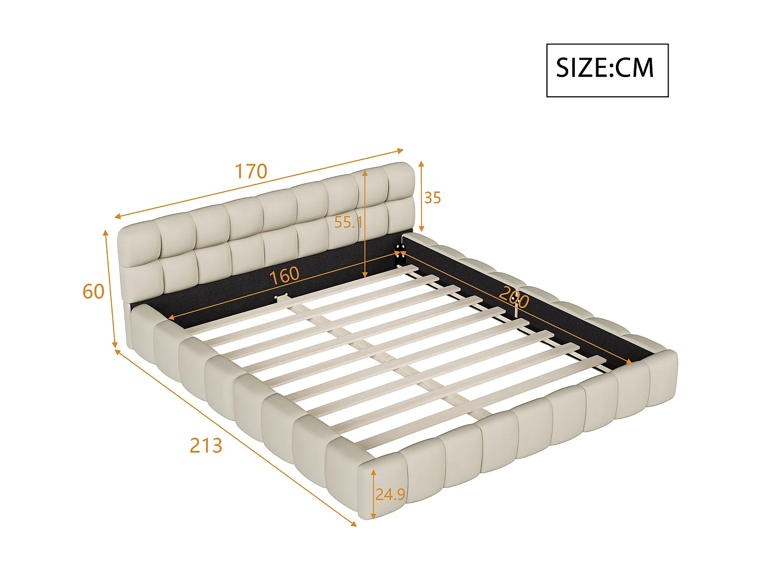 Lit double rembourré, à bulles, 160 x 200 cm, avec sommier à lattes et dossier souple, pour adolescents, cadre de lit, lin, sans matelas, Beige