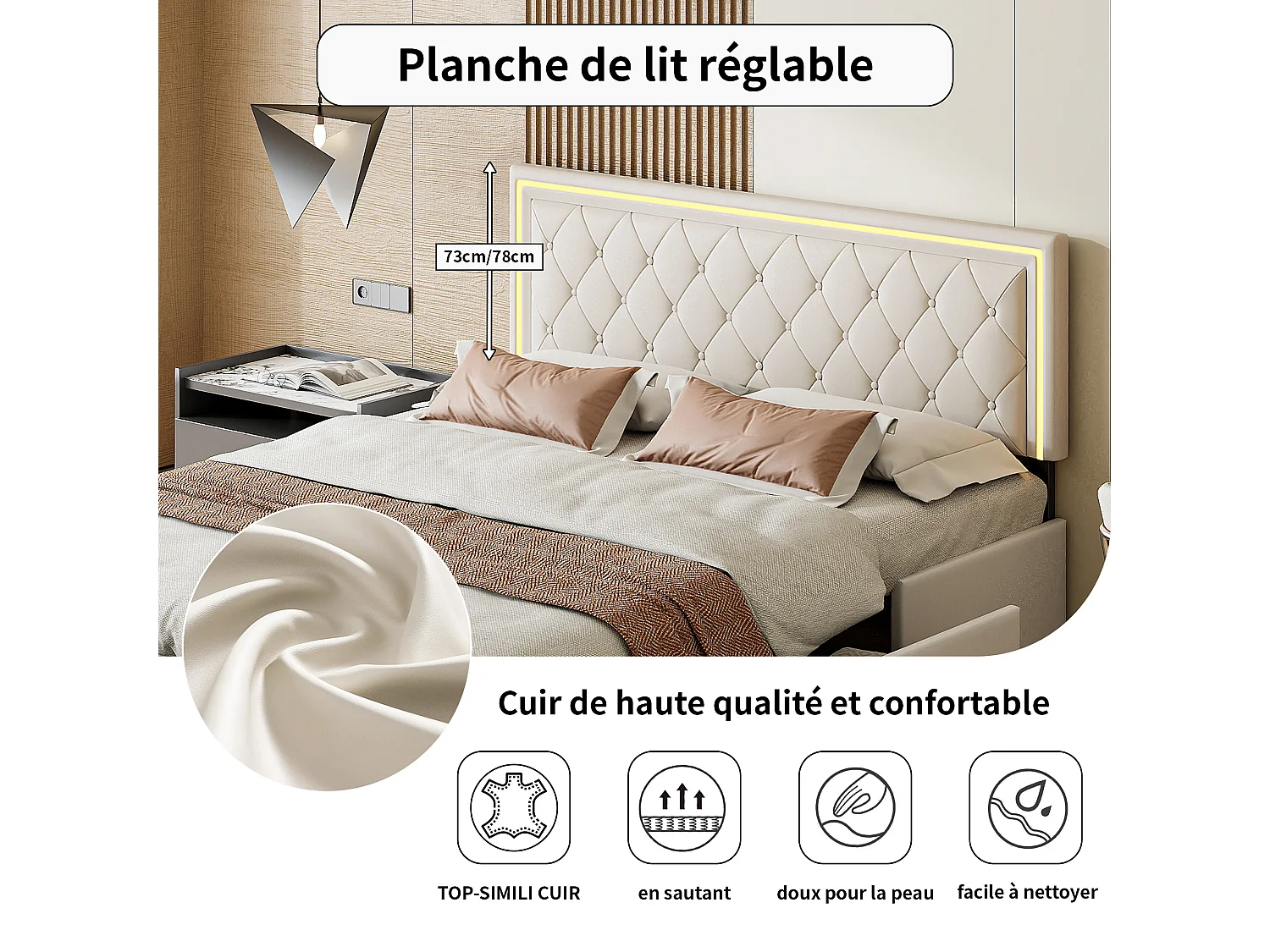 Lit double 140x200 cm avec 4 tiroirs, tête de lit éclairée LED, simili cuir, beige