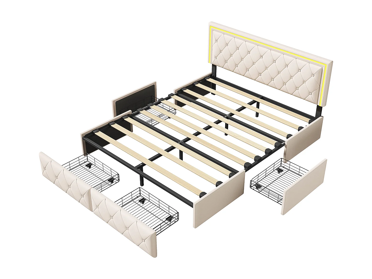 Lit double 140x200 cm avec 4 tiroirs, tête de lit éclairée LED, simili cuir, beige