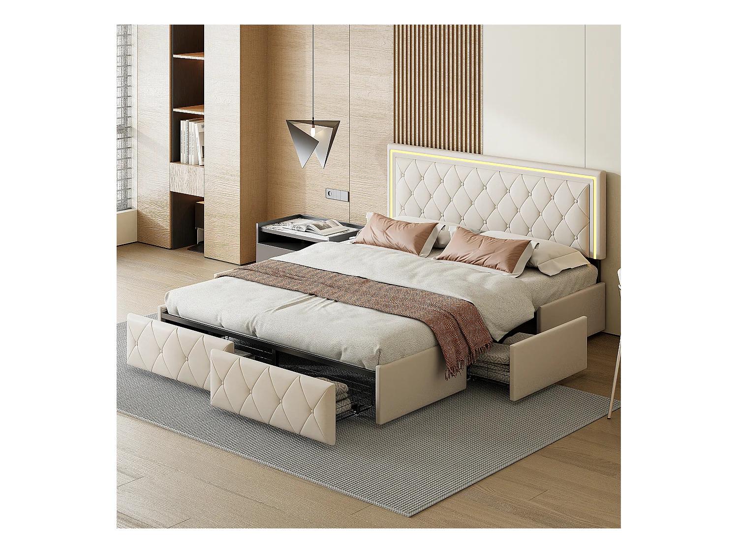Cama de matrimonio 140x200 cm con 4 cajones, cabecero iluminado por LED, piel sintética, color beige.