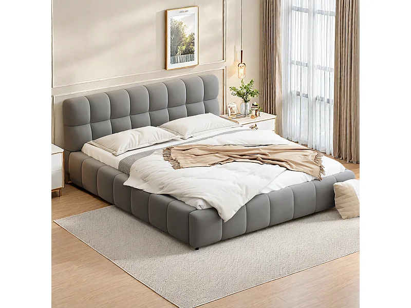 Lit double rembourré, à bulles, 160 x 200 cm, avec sommier à lattes et dossier souple, pour adolescents, cadre de lit, lin, sans matelas, gris