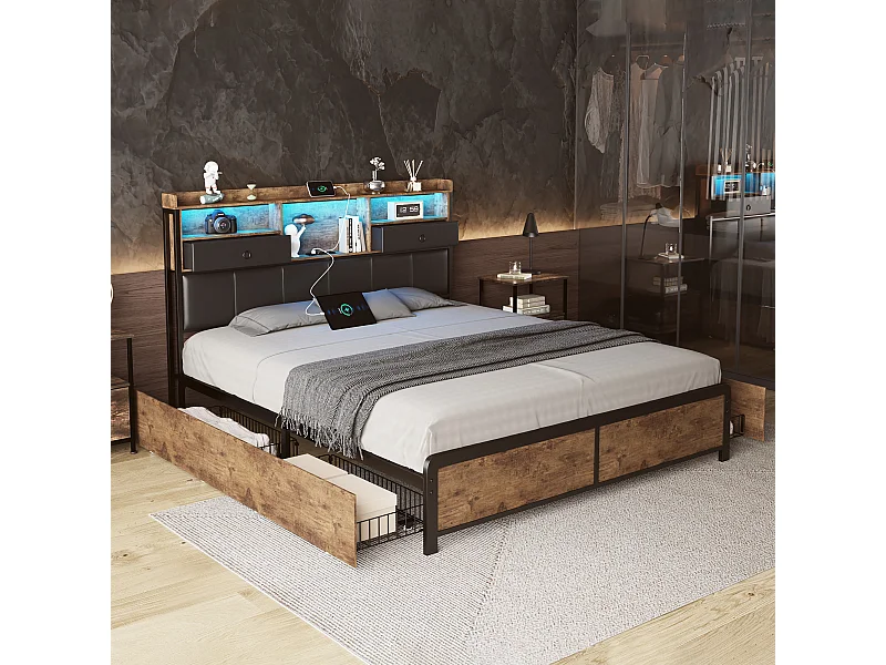 Cama de casal 140x200cm com iluminação LED e base de carregamento USB, com 4 gavetas e cabeceira de arrumação, PU, Preto