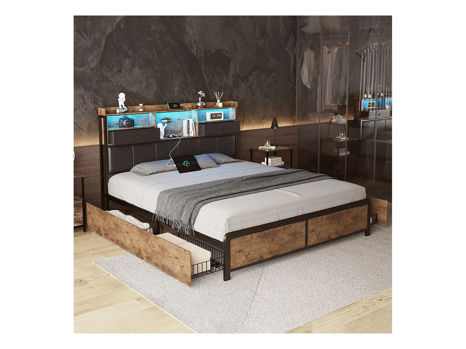 Cama de casal 140x200cm com iluminação LED e base de carregamento USB, com 4 gavetas e cabeceira de arrumação, PU, Preto
