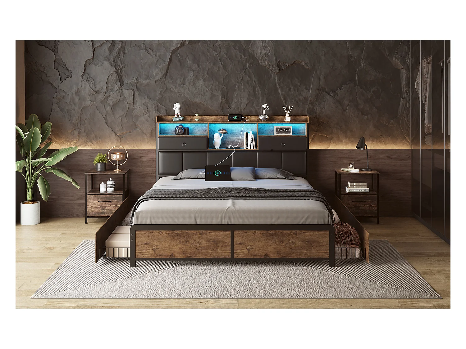 Lit Double 140x200cm avec sommier éclairage LED et Charge USB, avec 4 tiroirs et tête de lit de Rangement,PU,Noir