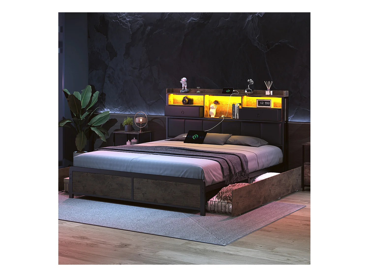 Lit Double 140x200cm avec sommier éclairage LED et Charge USB, avec 4 tiroirs et tête de lit de Rangement,PU,Noir