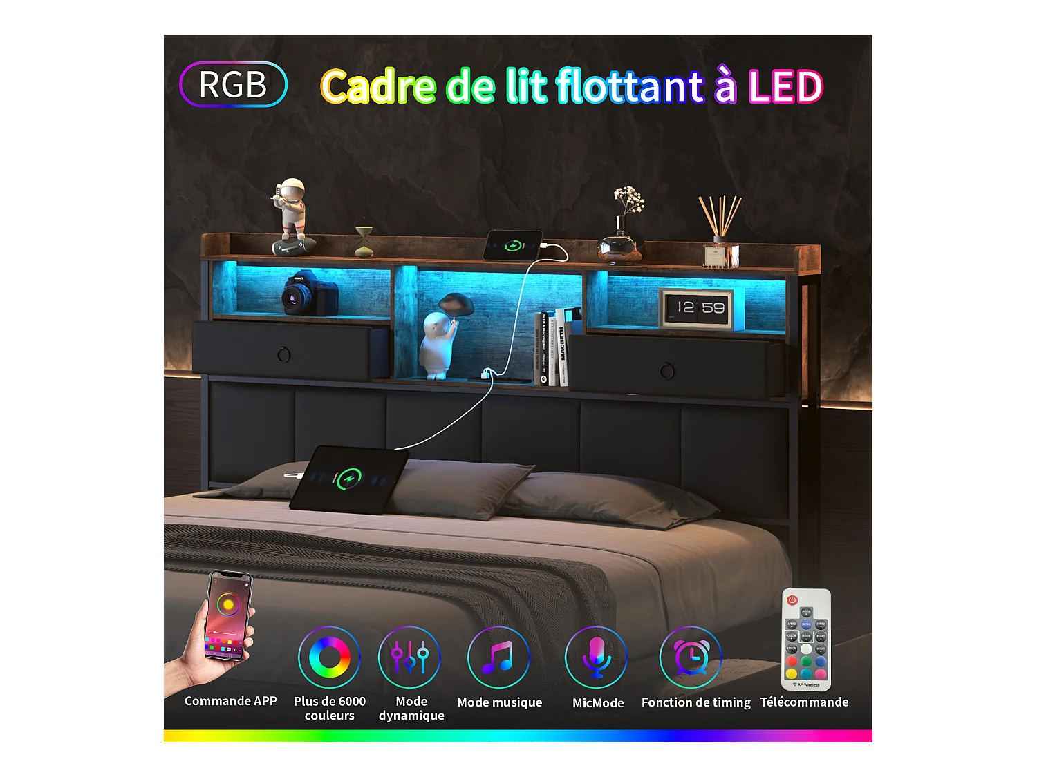 Lit Double 140x200cm avec sommier éclairage LED et Charge USB, avec 4 tiroirs et tête de lit de Rangement,PU,Noir