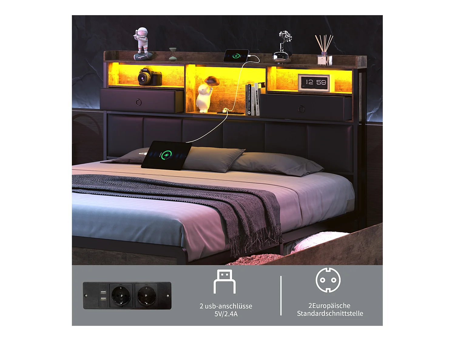 Lit Double 140x200cm avec sommier éclairage LED et Charge USB, avec 4 tiroirs et tête de lit de Rangement,PU,Noir