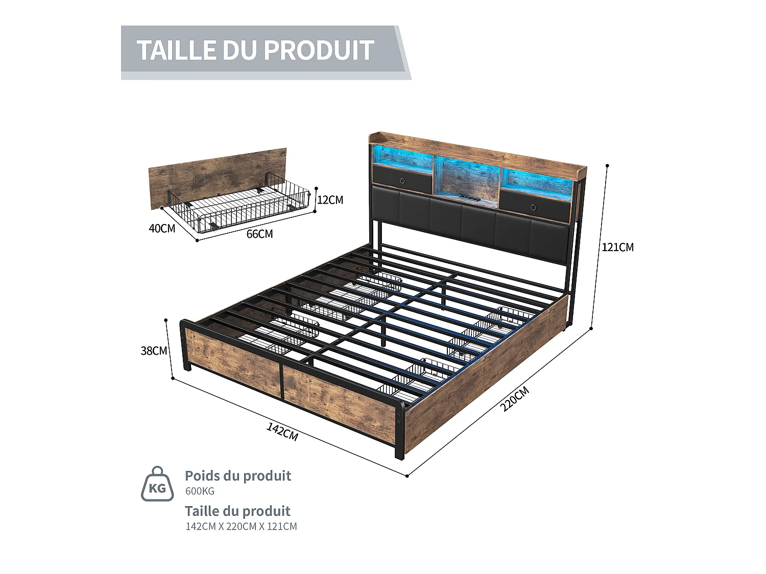 Lit Double 140x200cm avec sommier éclairage LED et Charge USB, avec 4 tiroirs et tête de lit de Rangement,PU,Noir