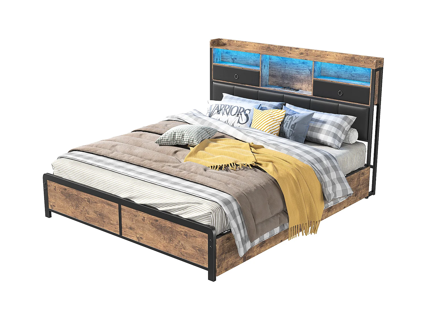 Lit Double 140x200cm avec sommier éclairage LED et Charge USB, avec 4 tiroirs et tête de lit de Rangement,PU,Noir