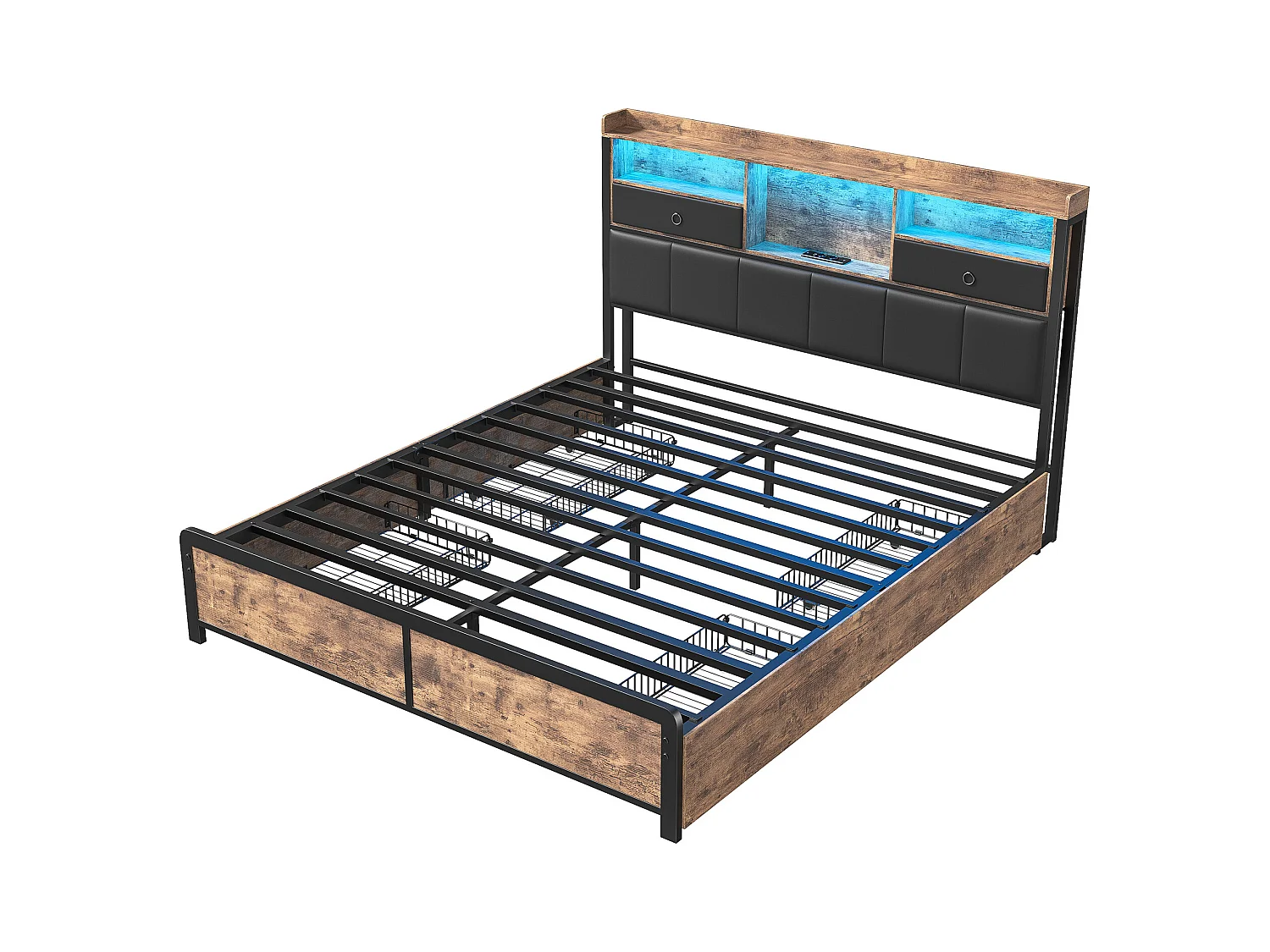 Lit Double 140x200cm avec sommier éclairage LED et Charge USB, avec 4 tiroirs et tête de lit de Rangement,PU,Noir