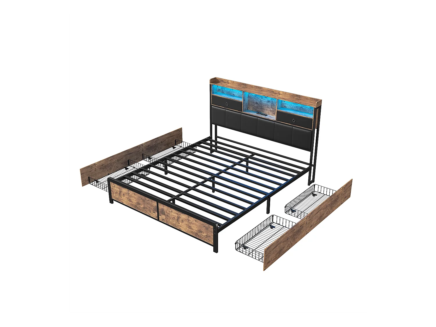 Lit Double 140x200cm avec sommier éclairage LED et Charge USB, avec 4 tiroirs et tête de lit de Rangement,PU,Noir
