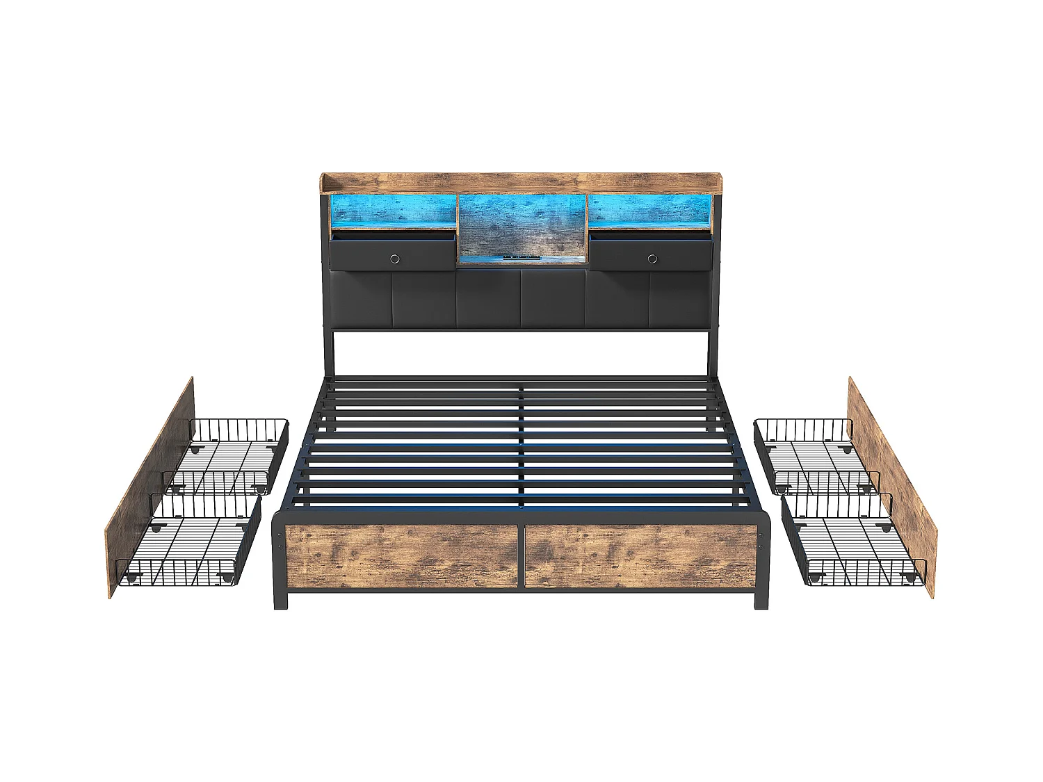 Lit Double 140x200cm avec sommier éclairage LED et Charge USB, avec 4 tiroirs et tête de lit de Rangement,PU,Noir