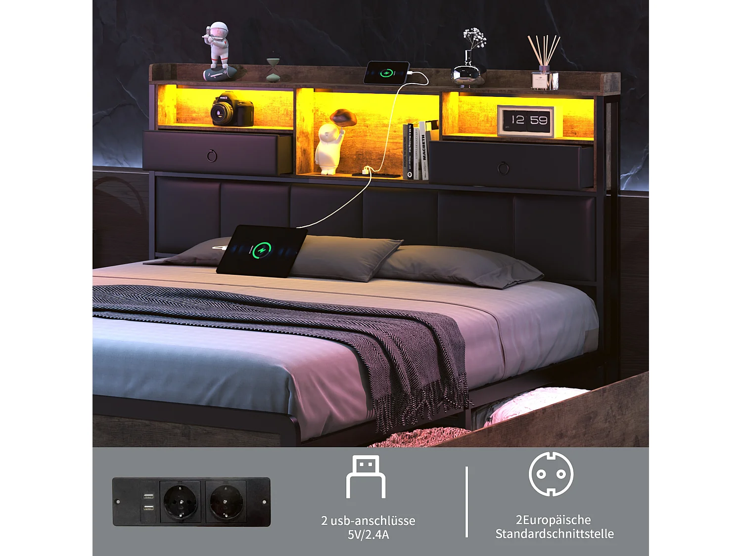 Tweepersoonsbed 140x200cm met LED-verlichting en USB-oplaadstation, met 4 lades en opberghoofdeinde, PU, Zwart