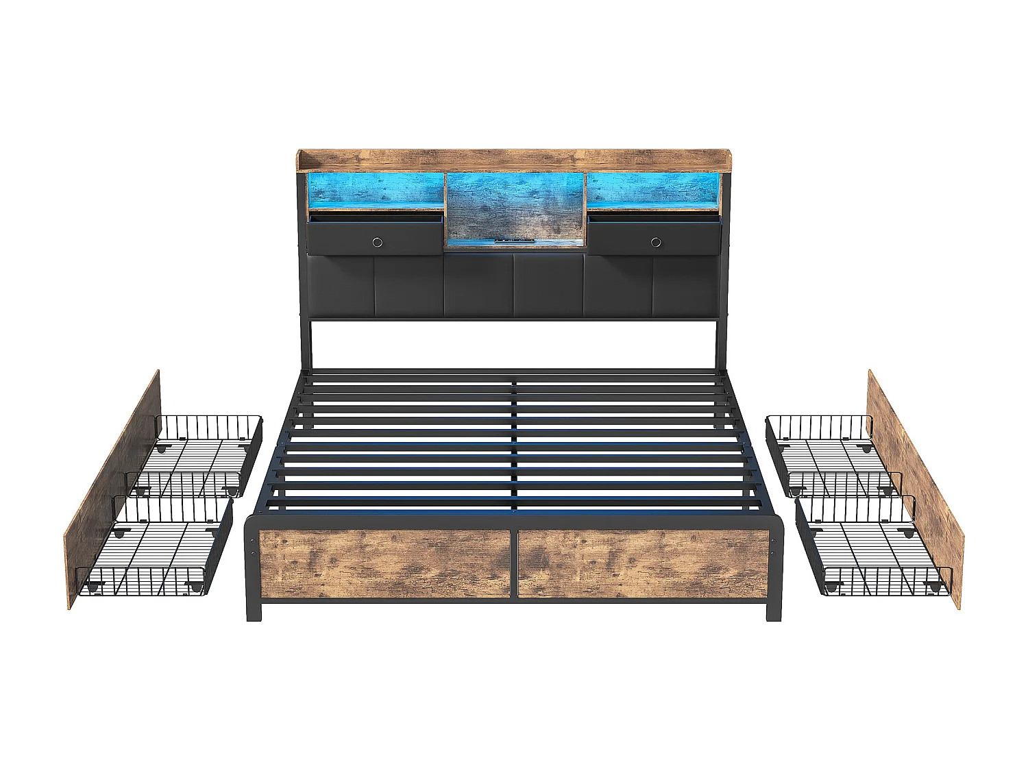 Tweepersoonsbed 140x200cm met LED-verlichting en USB-oplaadstation, met 4 lades en opberghoofdeinde, PU, Zwart