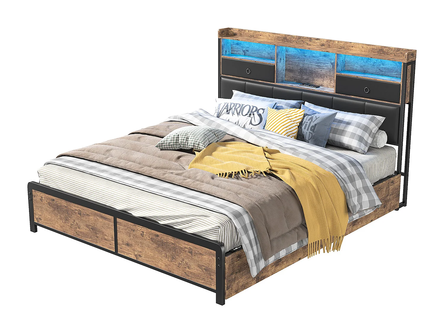 Letto matrimoniale 140x200cm con illuminazione a LED e base di ricarica USB, con 4 cassetti e testiera contenitore, PU, Nero
