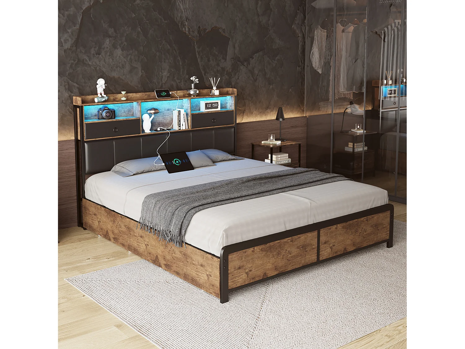 Letto matrimoniale 140x200cm con illuminazione a LED e base di ricarica USB, con 4 cassetti e testiera contenitore, PU, Nero