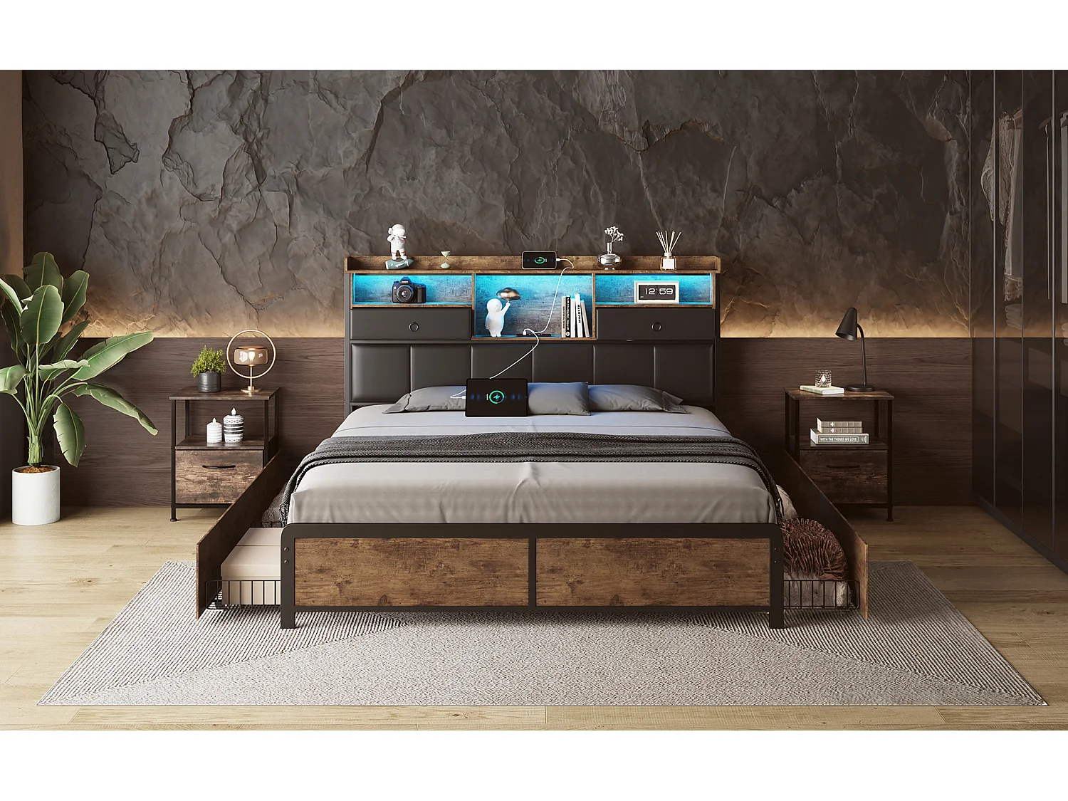 Letto matrimoniale 140x200cm con illuminazione a LED e base di ricarica USB, con 4 cassetti e testiera contenitore, PU, Nero
