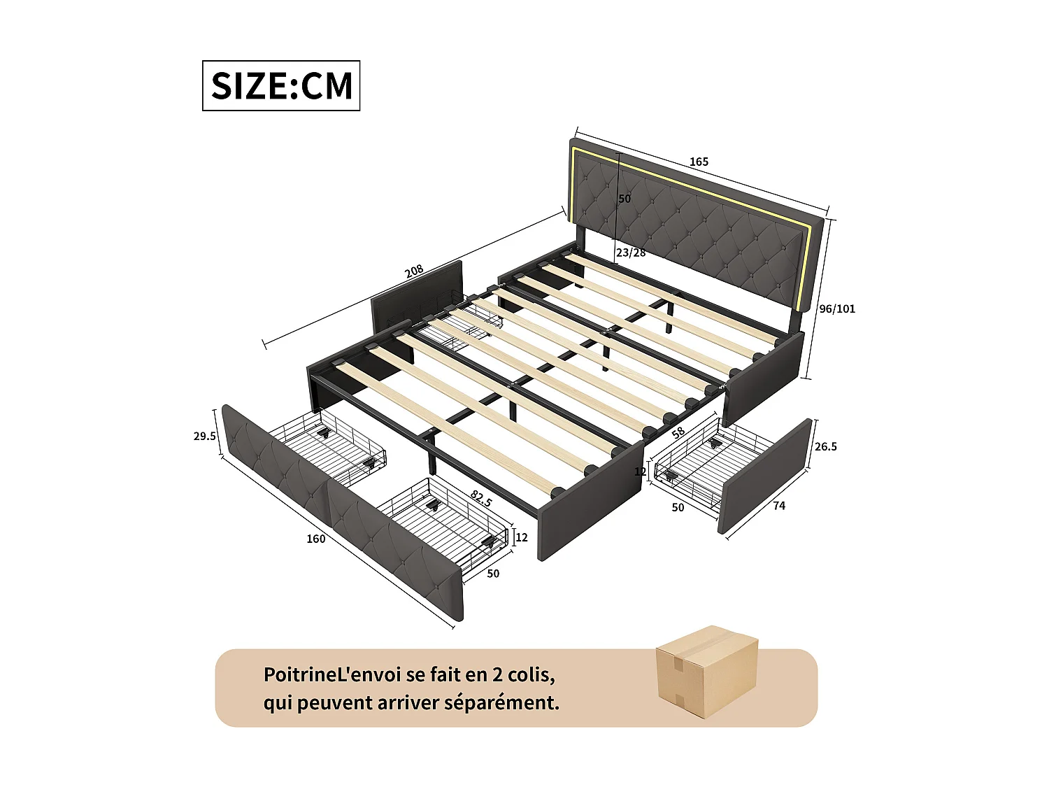 Letto matrimoniale 160x200 cm con 4 cassetti, testiera illuminata a LED, similpelle, grigio