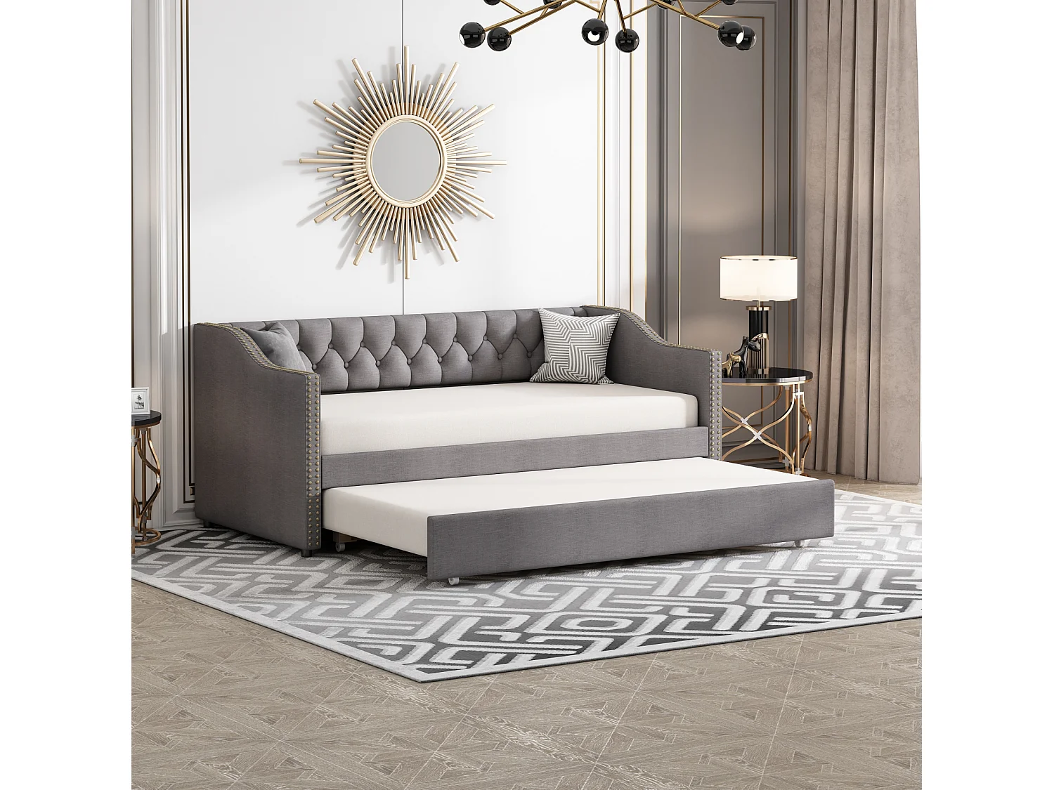 Divano letto per bambini 90x200 cm, divano letto estraibile, lino resistente all'usura, beige