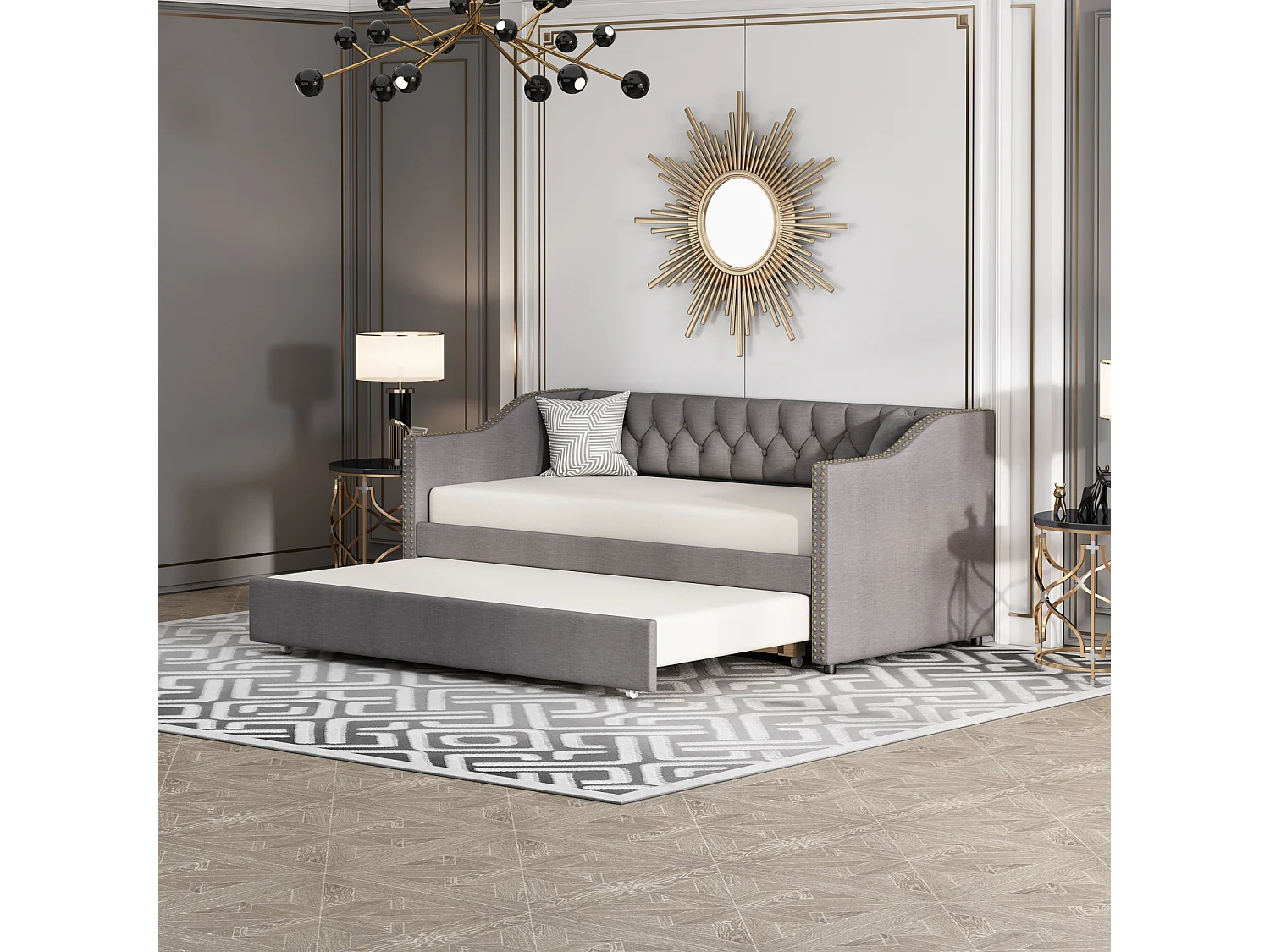 Divano letto per bambini 90x200 cm, divano letto estraibile, lino resistente all'usura, beige