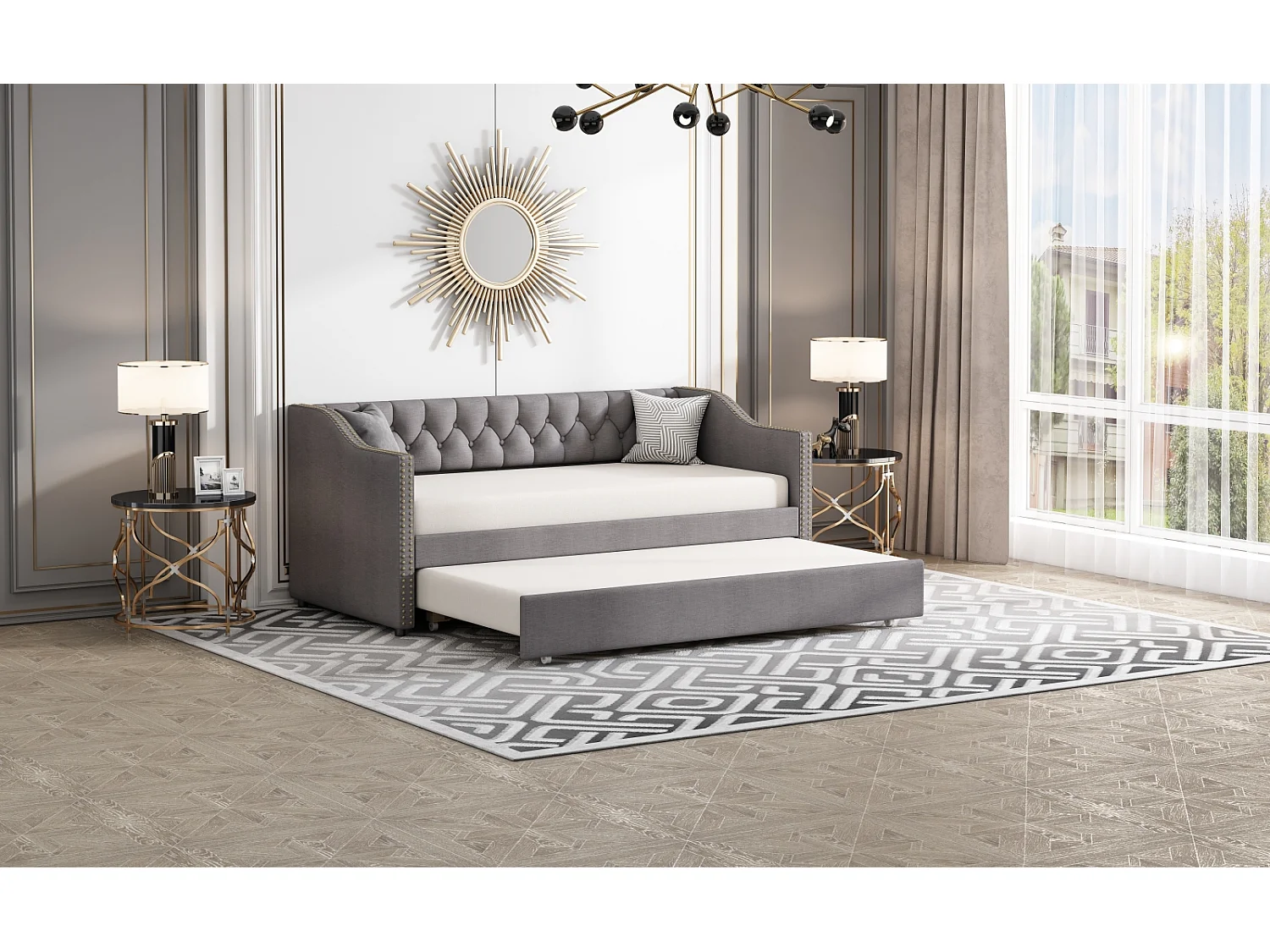 Divano letto per bambini 90x200 cm, divano letto estraibile, lino resistente all'usura, beige