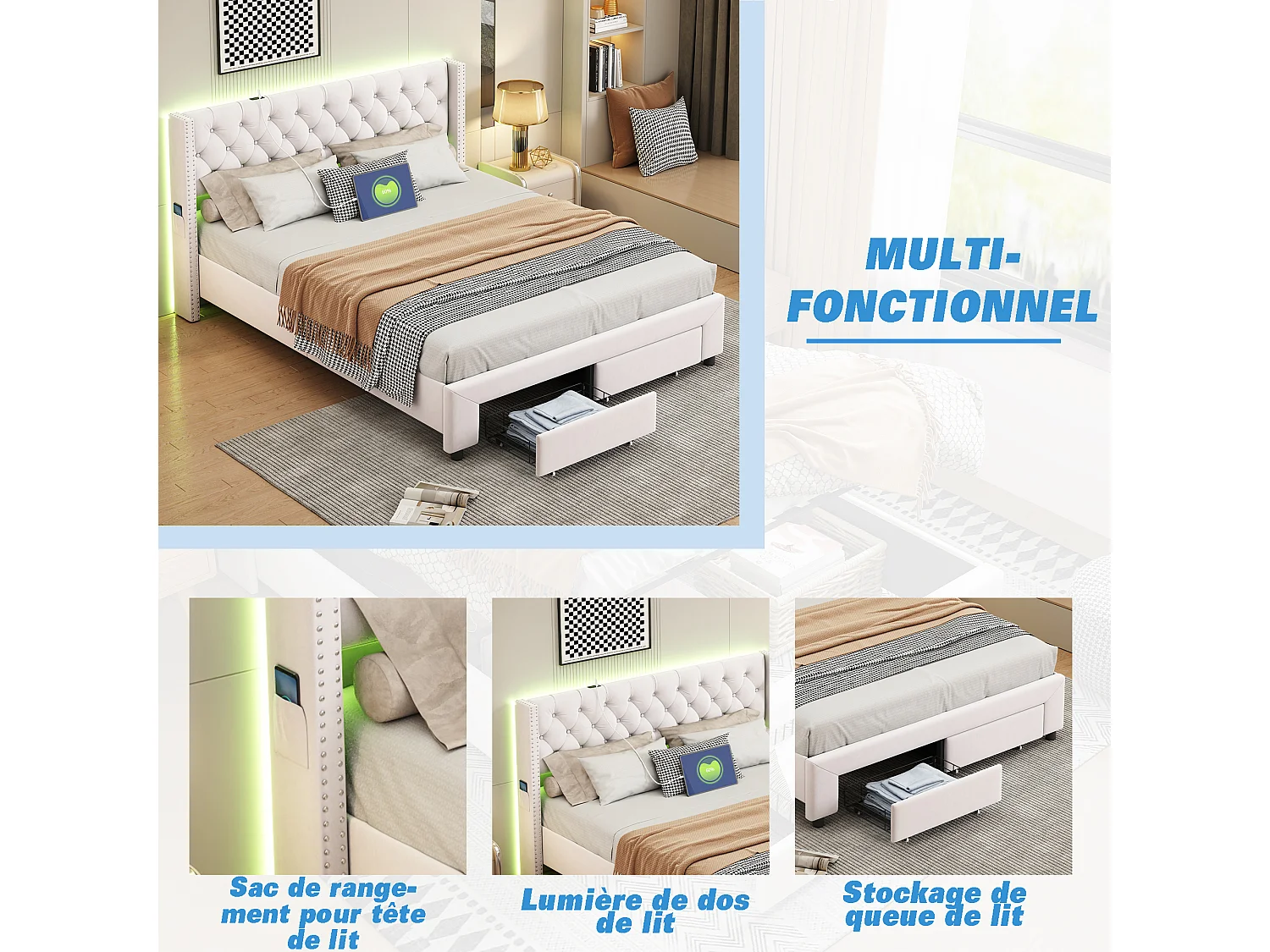 Lit à rivets 160*200cm, tiroir + bande lumineuse + port de chargement USB + sac de rangement, velours,beige