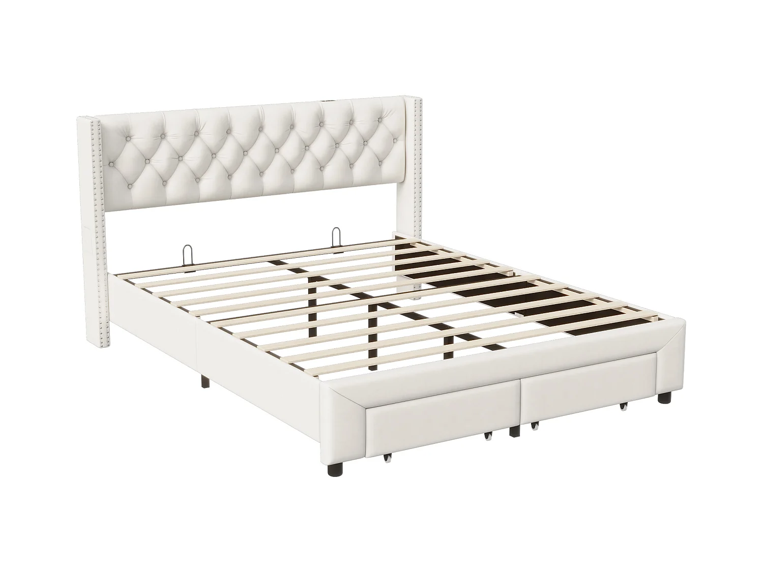 Estrutura de cama 160 x 200 com gavetas, cama estofada com LED e USB, cama estofada em veludo, bege